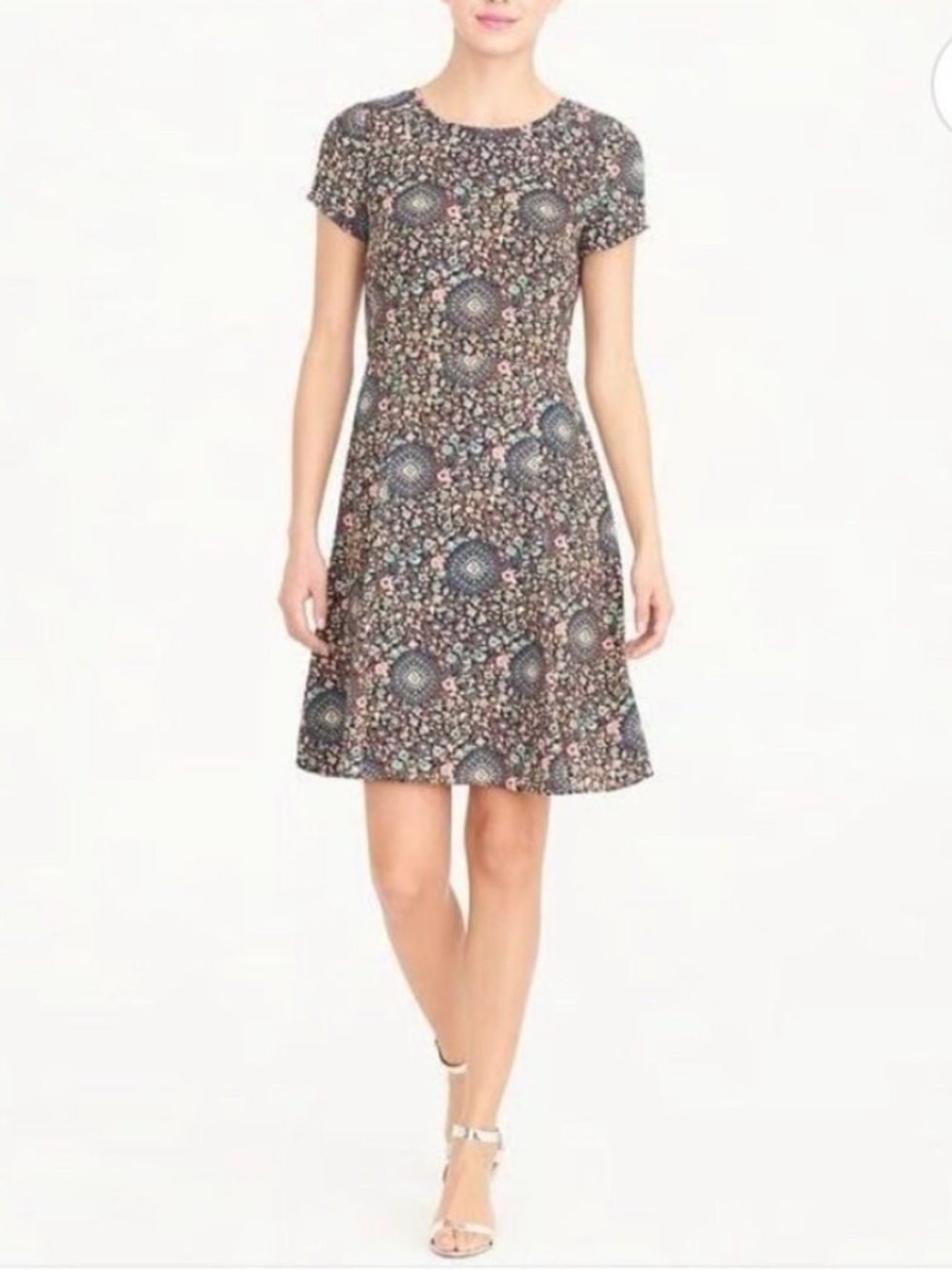 J. Crew Floral Medallion Short Sleeve A-Line Dress - Black - Size 10